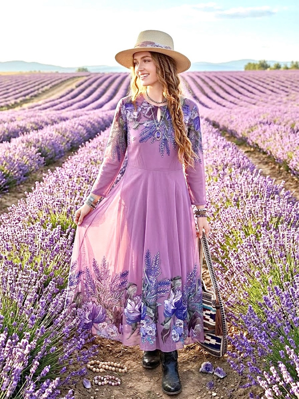 Lavender Floral Maxi boho Dress w prairie Country shabby chic vibe